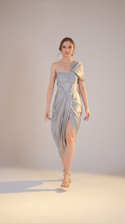 Grey One-Shoulder draped Evening Dress