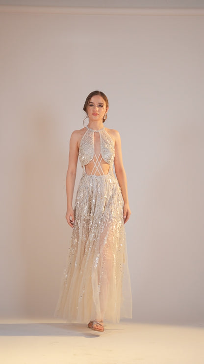 White Halter neck Embroidered Evening Gown