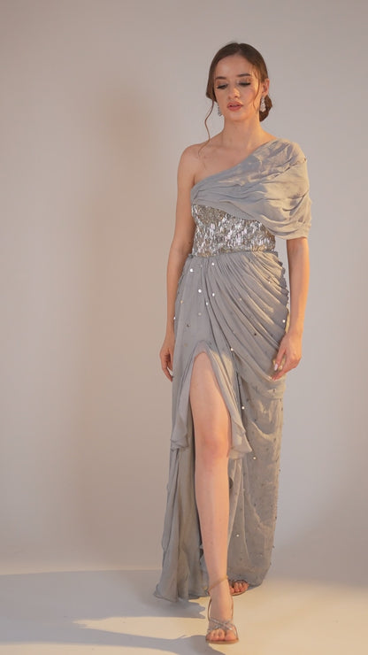 Silver Off-Shoulder draped Evening Gown with Ruffles and High Slit