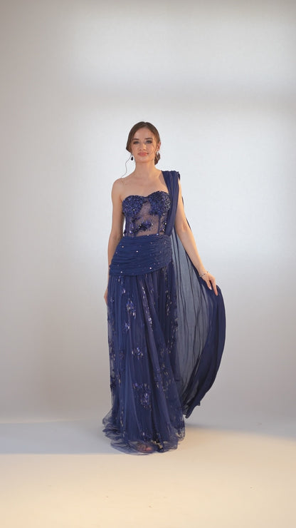 Dark Blue embroidered draped saree