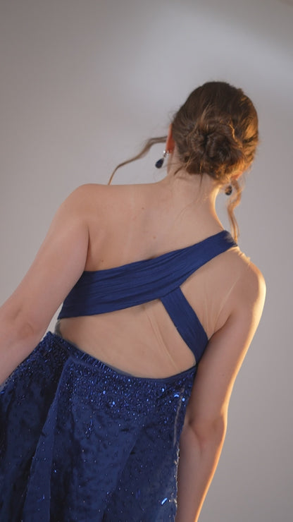 Dark Blue draped Bodice Embellished Evening Gown