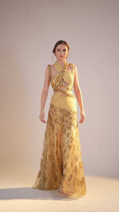 Golden Halter neck embroidered evening gown