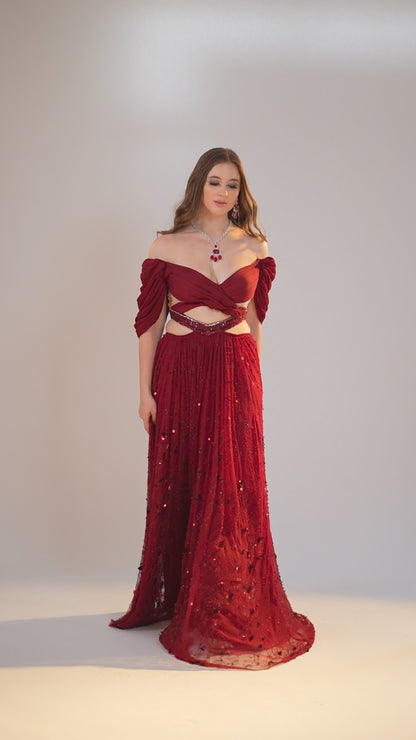 Dark Red Off-Shoulder Evening Gown with Crisscross Bodice