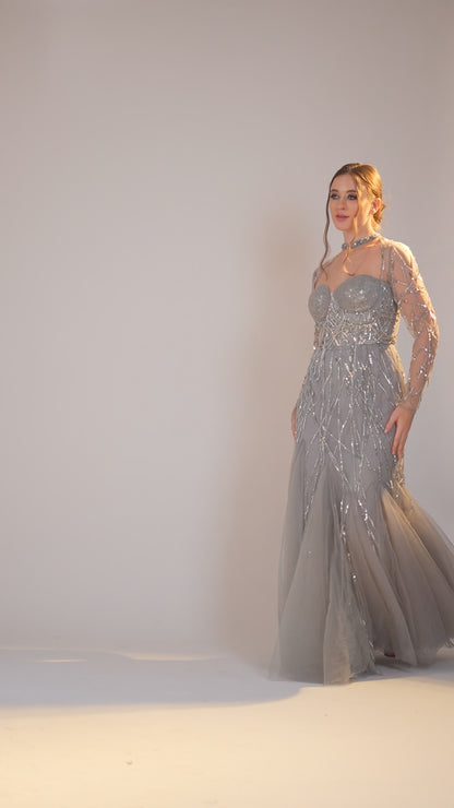 Silver Sweetheart Neckline Evening Gown with Sheer Sleeves