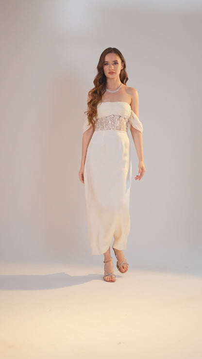 White Off-Shoulder Embellished Evening Dress