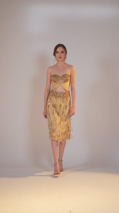 Golden Strapless Embroidered Midi Dress
