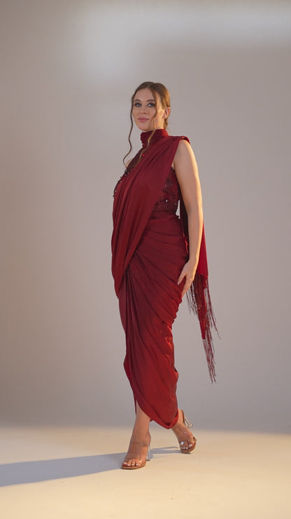Red embellished draped saree