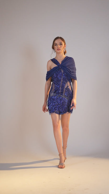 Deep Blue One-Shoulder Embroidered Party Short Dress