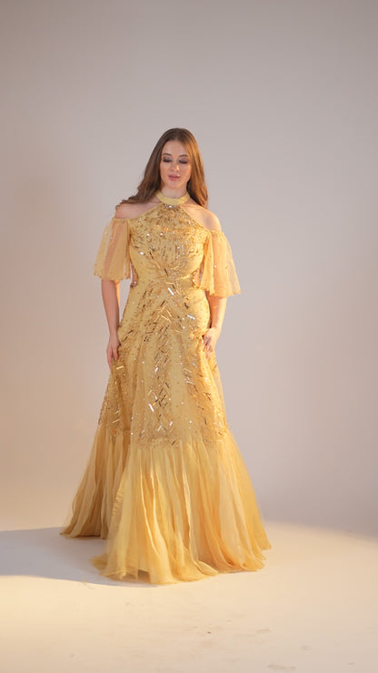 Golden Cold-Shoulder Embellished Evening Gown