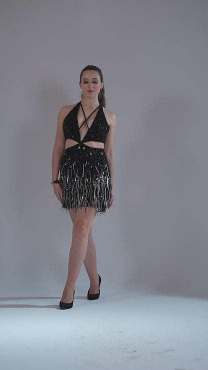 Black Sequined Halter Party Short Dress