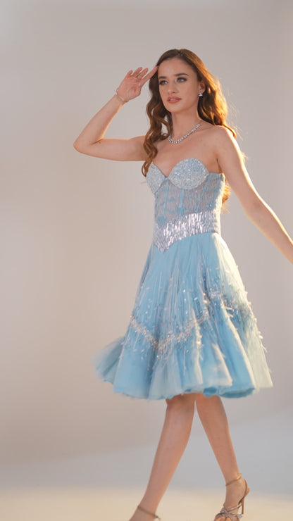 Light Blue Beaded Sweetheart Midi Dress