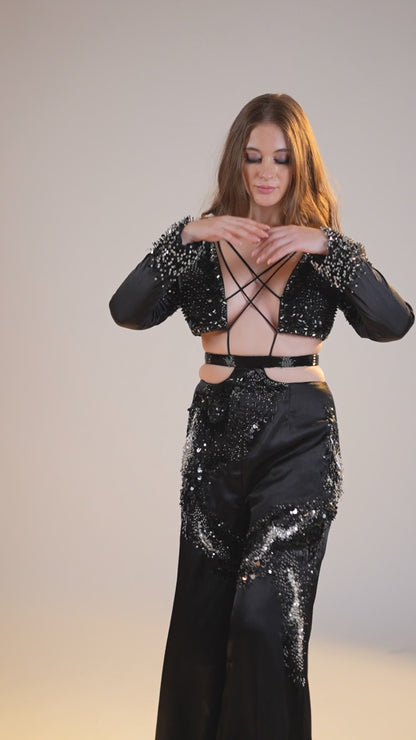 Black Embellished Wide-Leg Jumpsuit