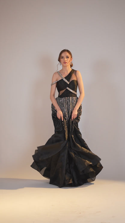 Black Ombre embroidered Evening Gown