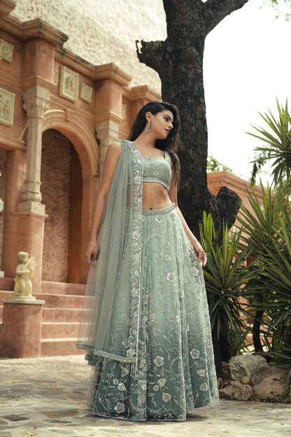 Blue green embroidered lehenga set