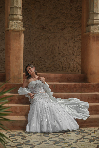 White embroidered corset fishcut lehenga set