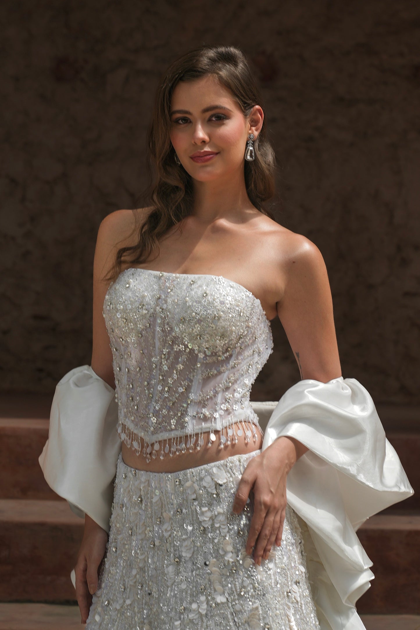 White embroidered corset fishcut lehenga set