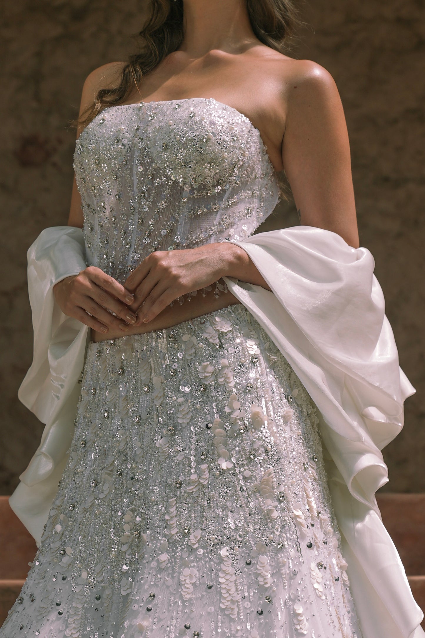 White embroidered corset fishcut lehenga set