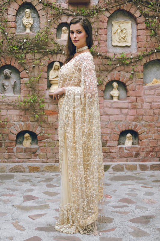 Butter yellow embroidered saree