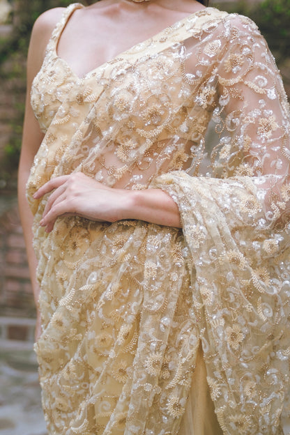 Butter yellow embroidered saree