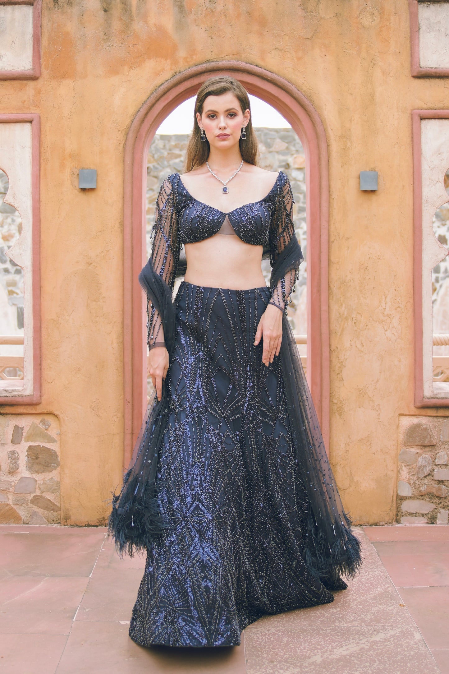 Dark blue embroidered lehenga set