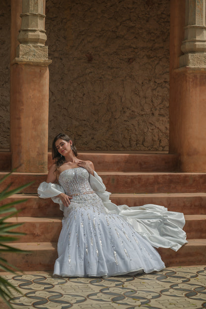 White embroidered corset fishcut lehenga set