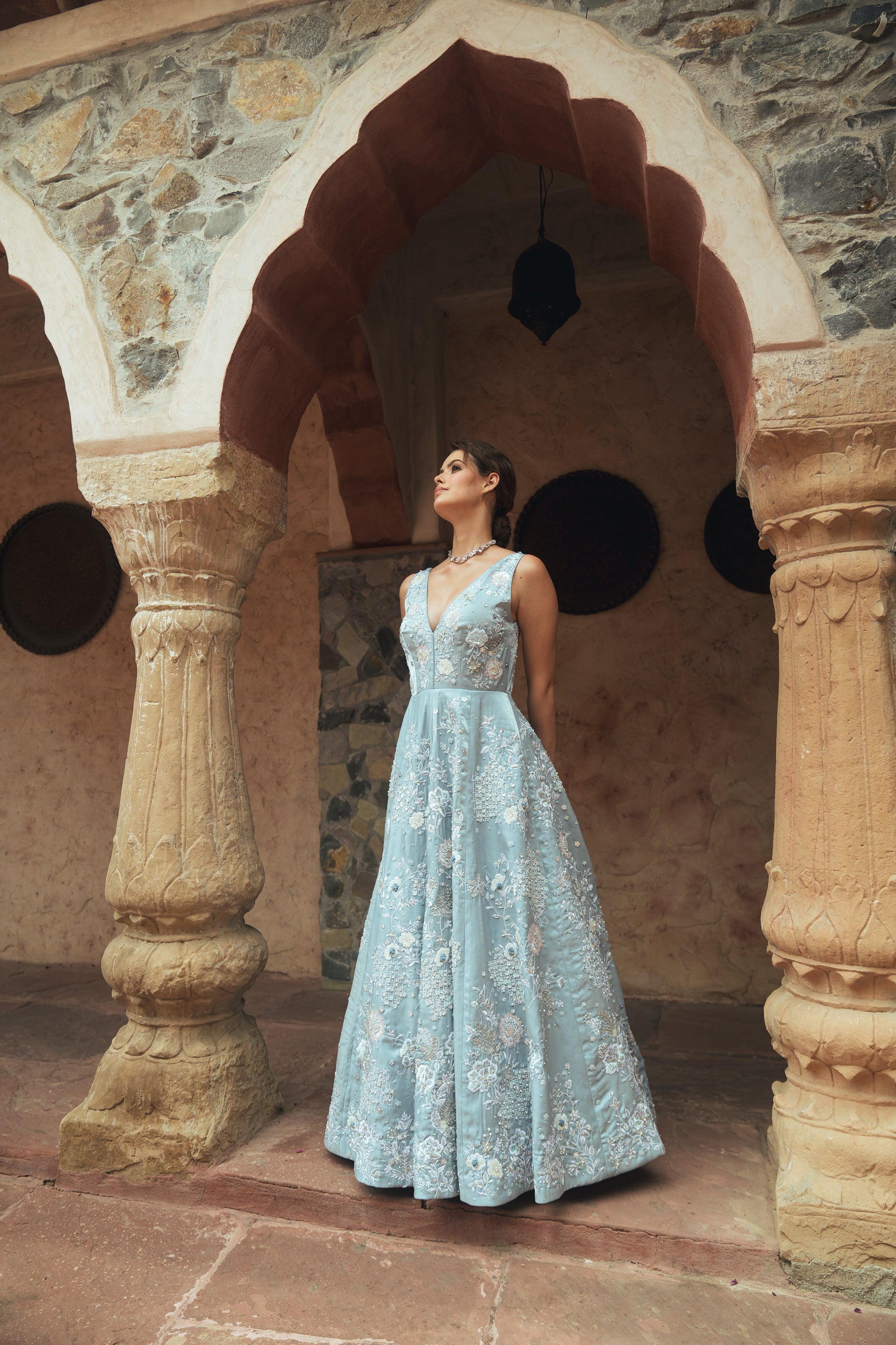 embroidered evening dress Ladivine CD736 Elegant Fitted Formal Embellished Satin Gown Rose Gold / 0