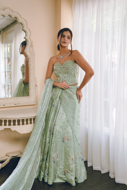 Pista green corset draped saree