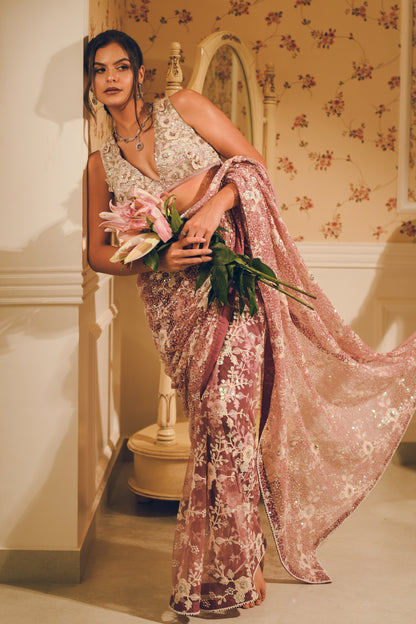 Lavender lilac embroidered saree