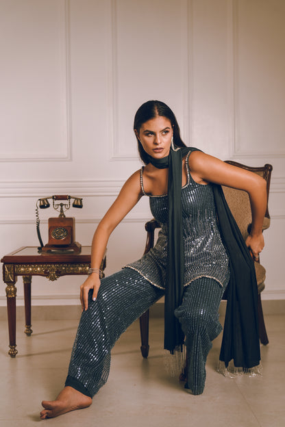 Dark grey blue embroidered kurta pants set