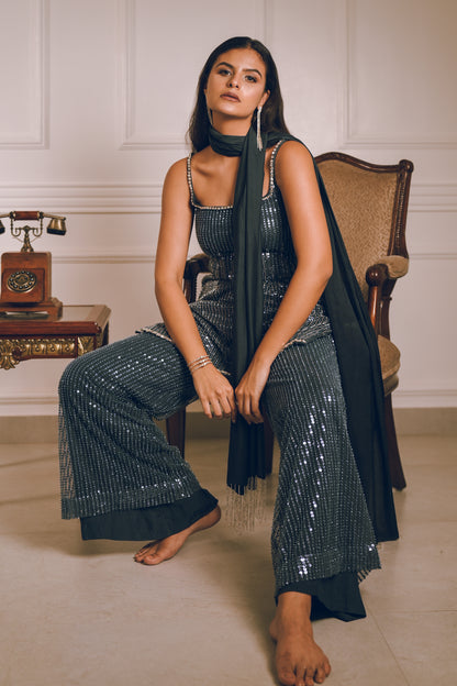 Dark grey blue embroidered kurta pants set