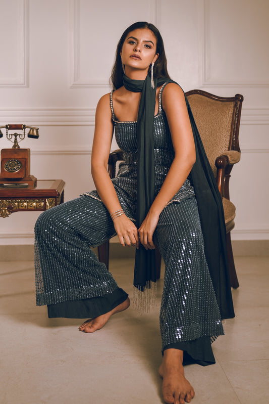 Dark grey blue embroidered kurta pants set