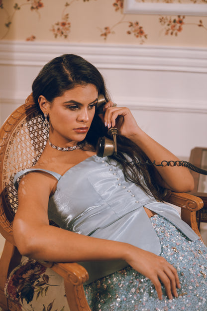 Light blue embroidered skirt satin top combo