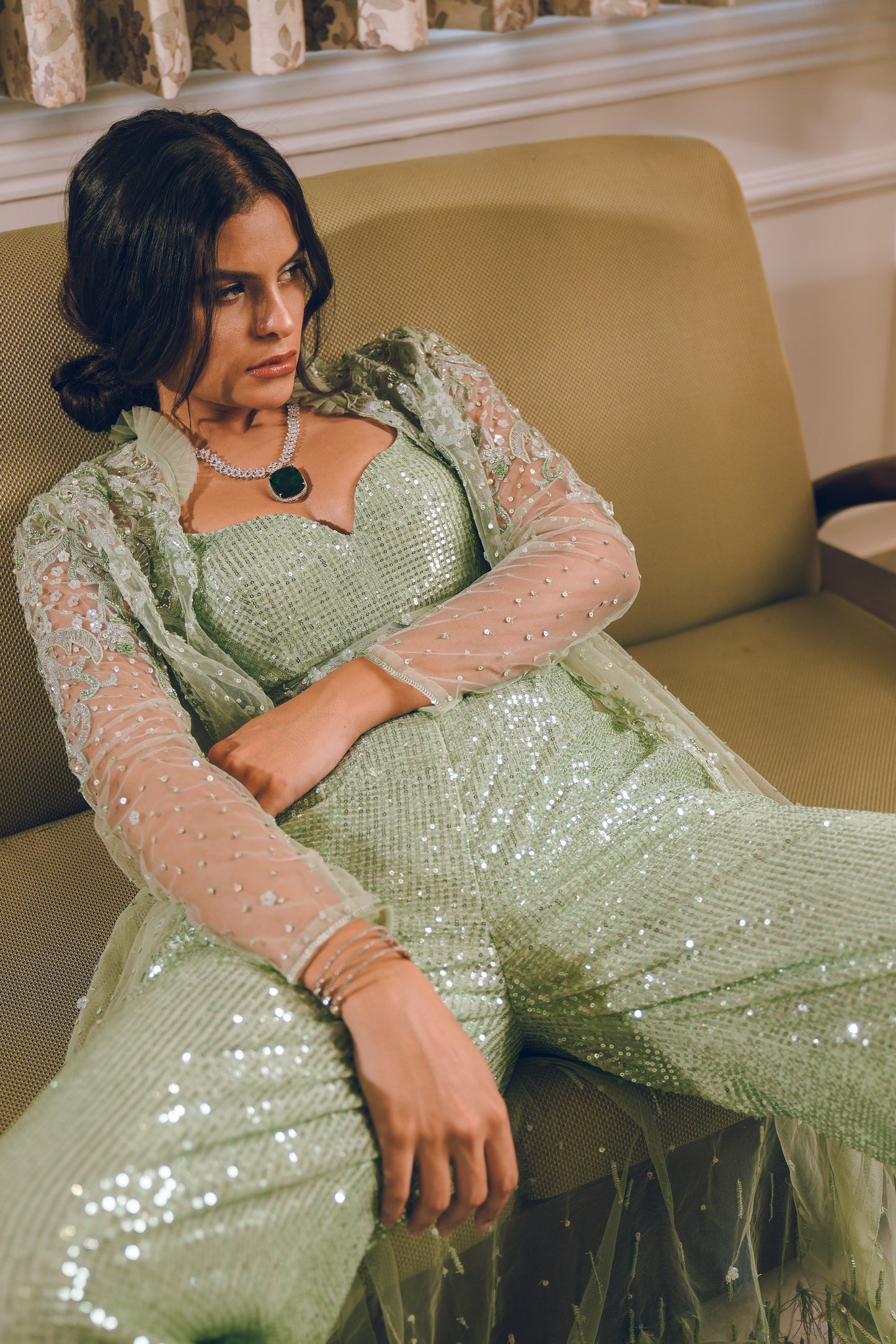 Pista Green sequins feather embroidered shrug set