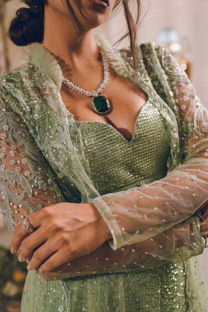 Pista Green sequins feather embroidered shrug set