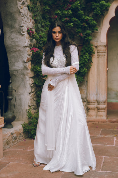 White embroidered draped evening gown